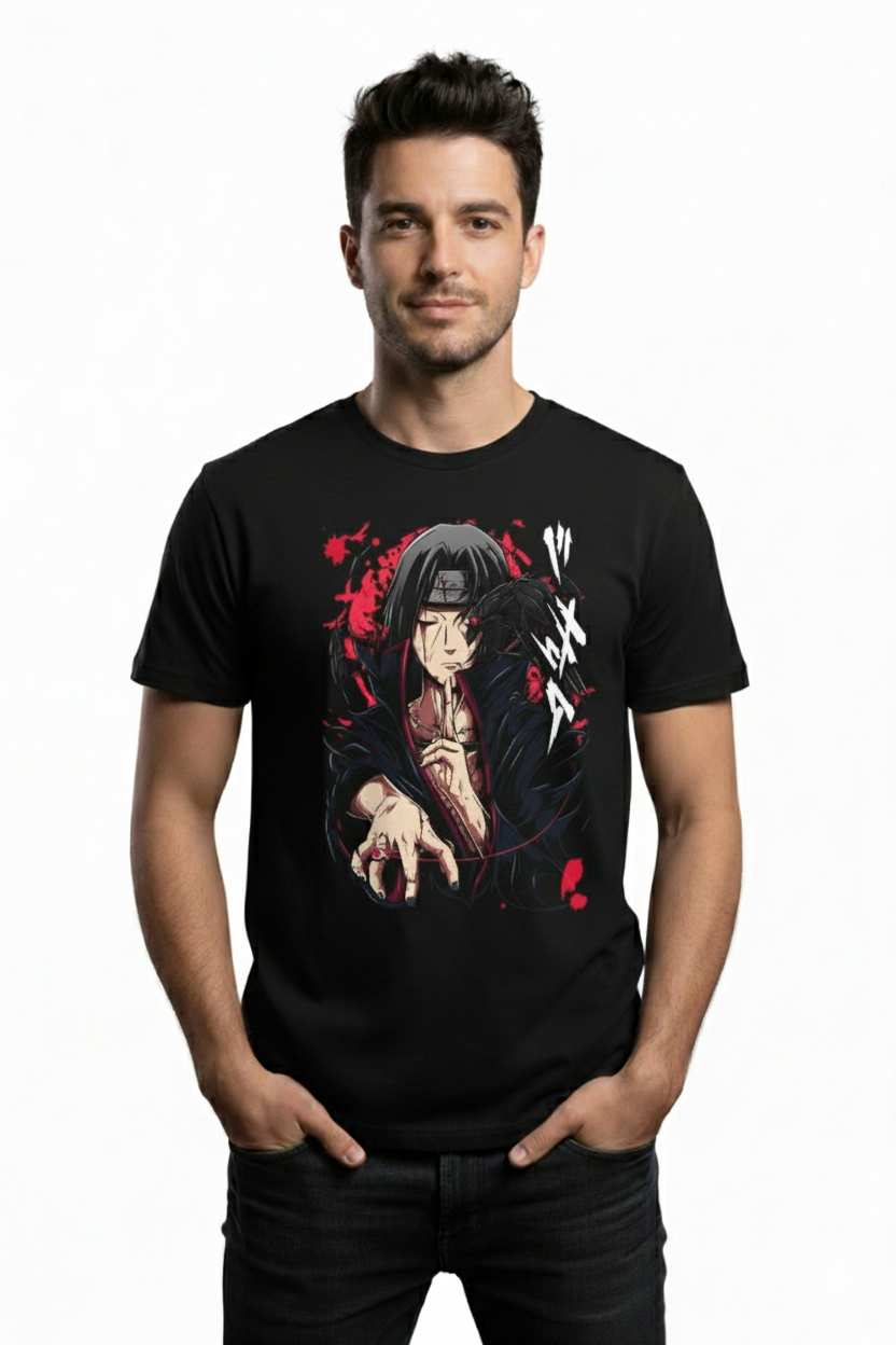Solid black tshirt printed Itachi Uchiha is depicted in his signature Akatsuki cloak.