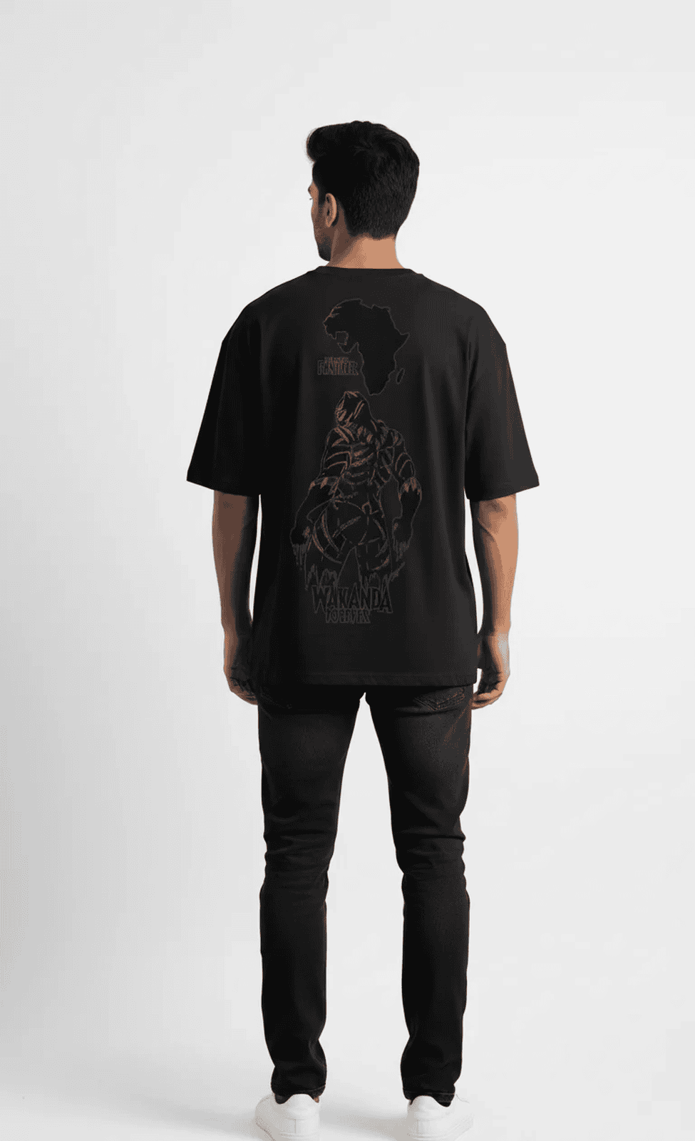 Solid black oversized t shirt printed famous marvel character black Panther