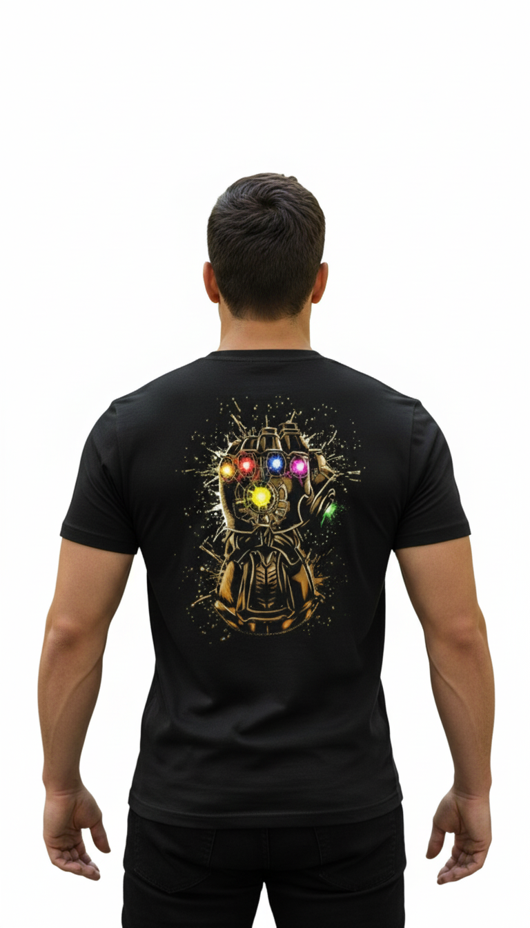Solid black printed tshirt Thanos wear gauntlet