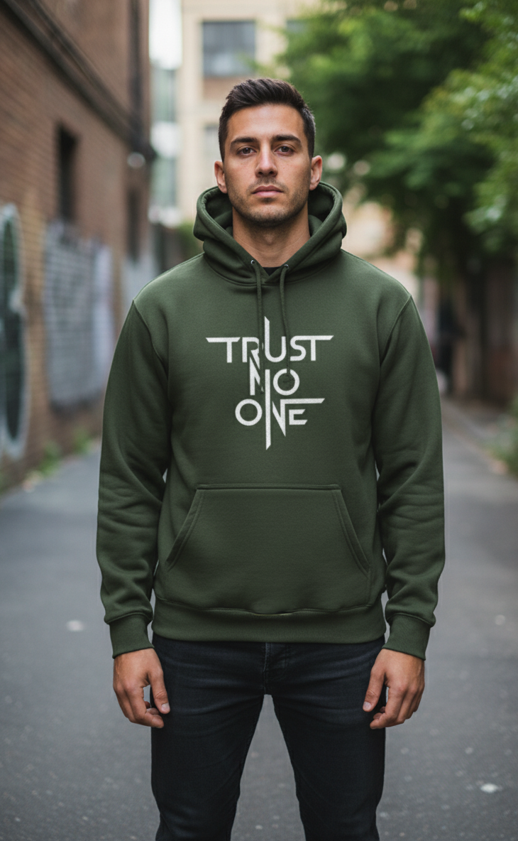 Premium winters hoodie front side printed trust no one