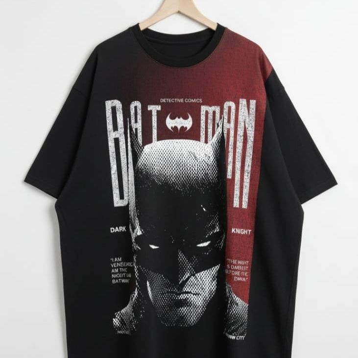 Solid black oversized t shirt printed famous DC universe character batman