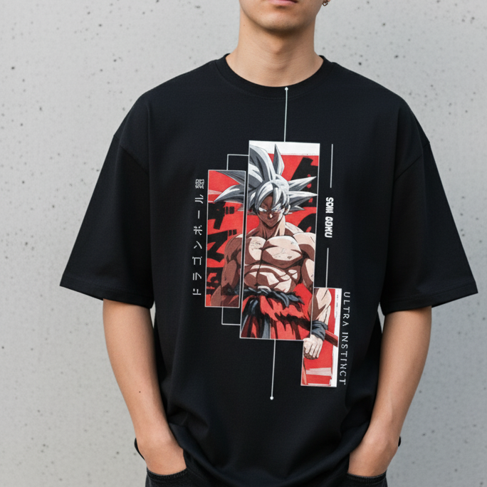 Solid black oversized t shirts printed famous anime character goku