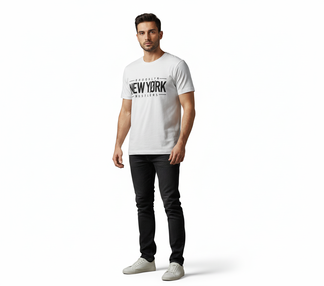 Solid white tshirt printed brooklyn new york hustler