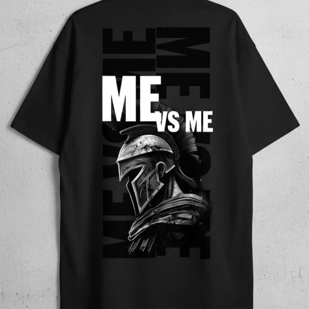 Solid black oversized t shirt printed why not me and back side print me vs me