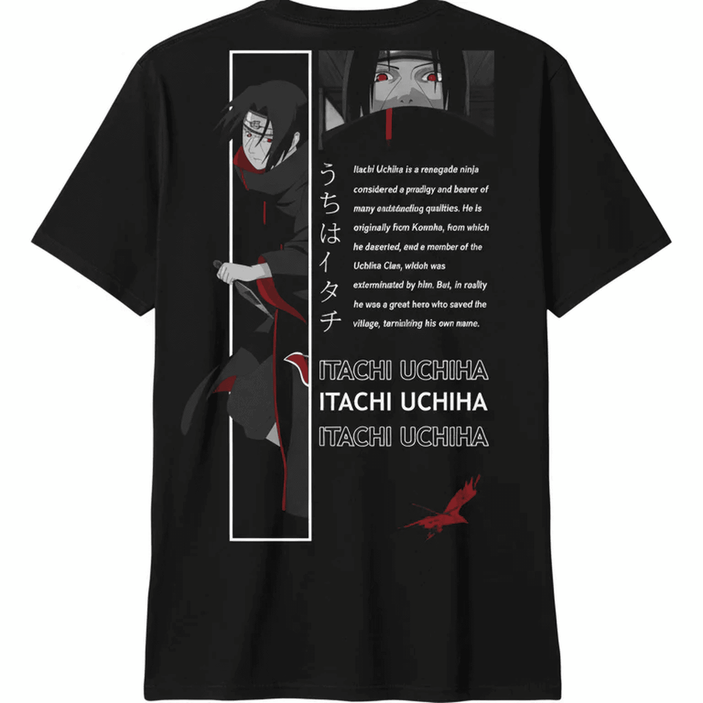 Solid black tshirt printed Itachi Uchiha is depicted in his signature Akatsuki cloak