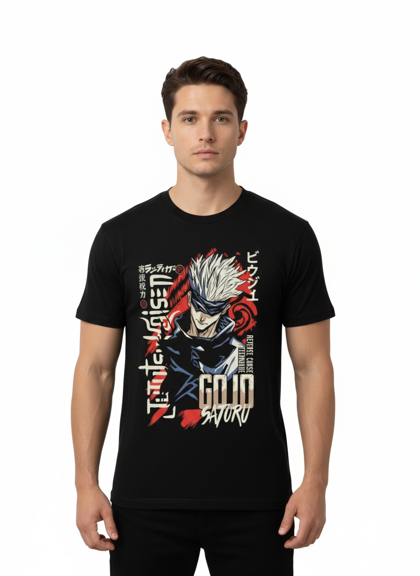 Solid black tshirt printed famous anime character gojo