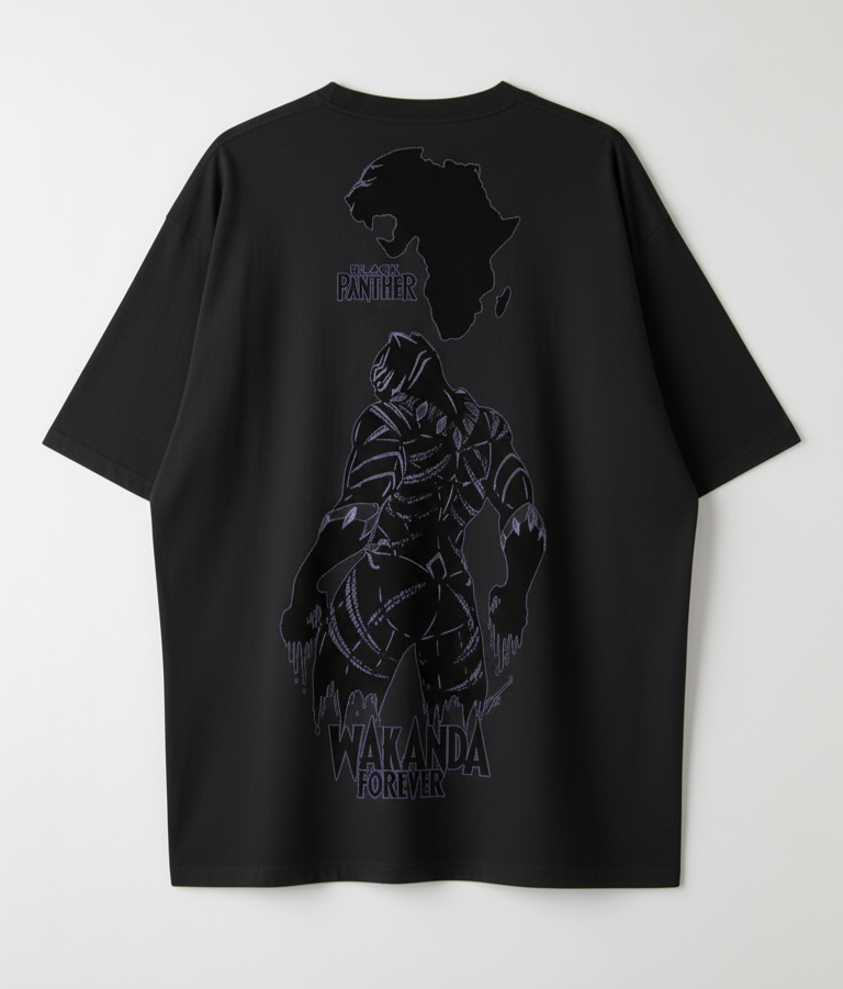 Solid black oversized t shirt printed famous marvel character black Panther