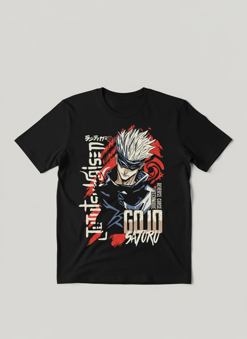 Solid black tshirt printed famous anime character gojo