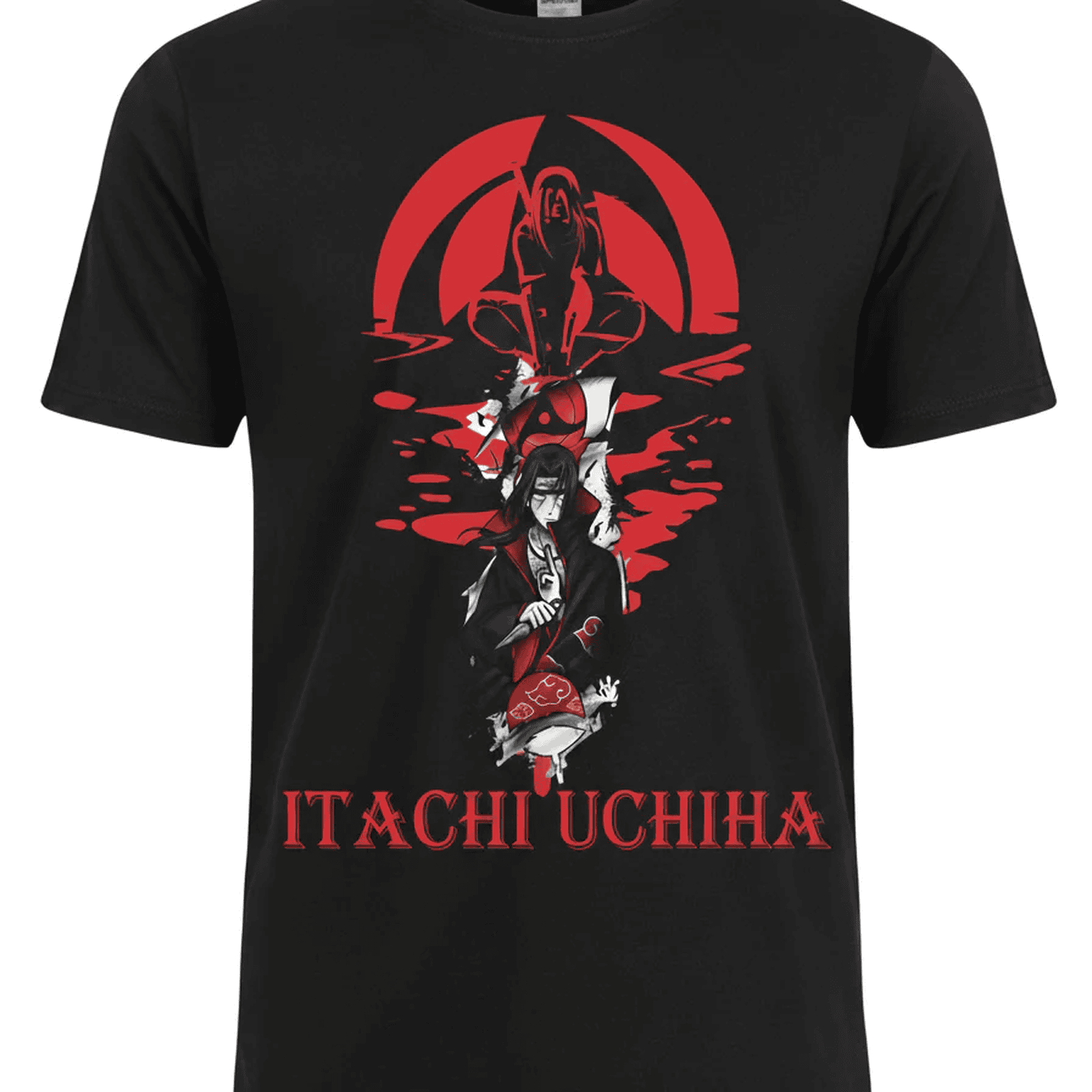 Solid black tshirt printed Itachi Uchiha is depicted in his signature Akatsuki cloak