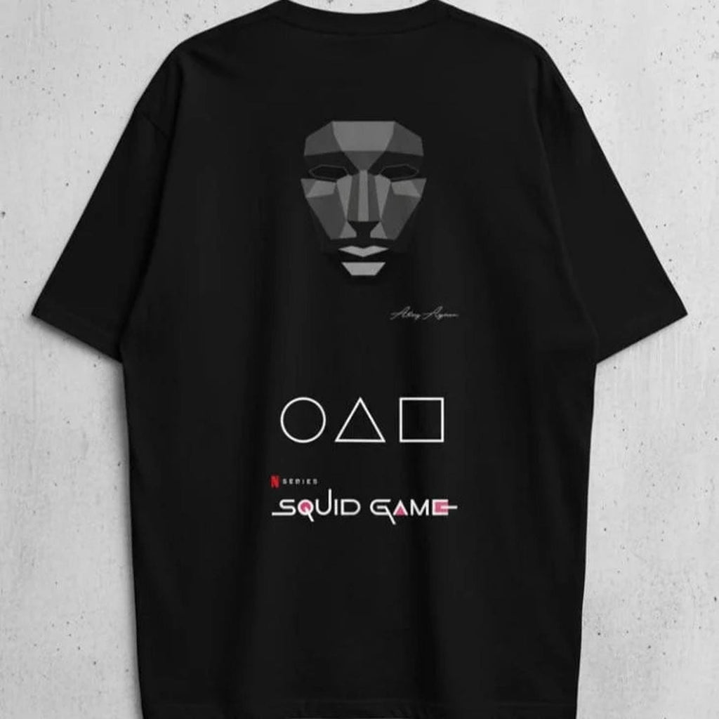 Solid black colour oversized tshirt printed squid game logo