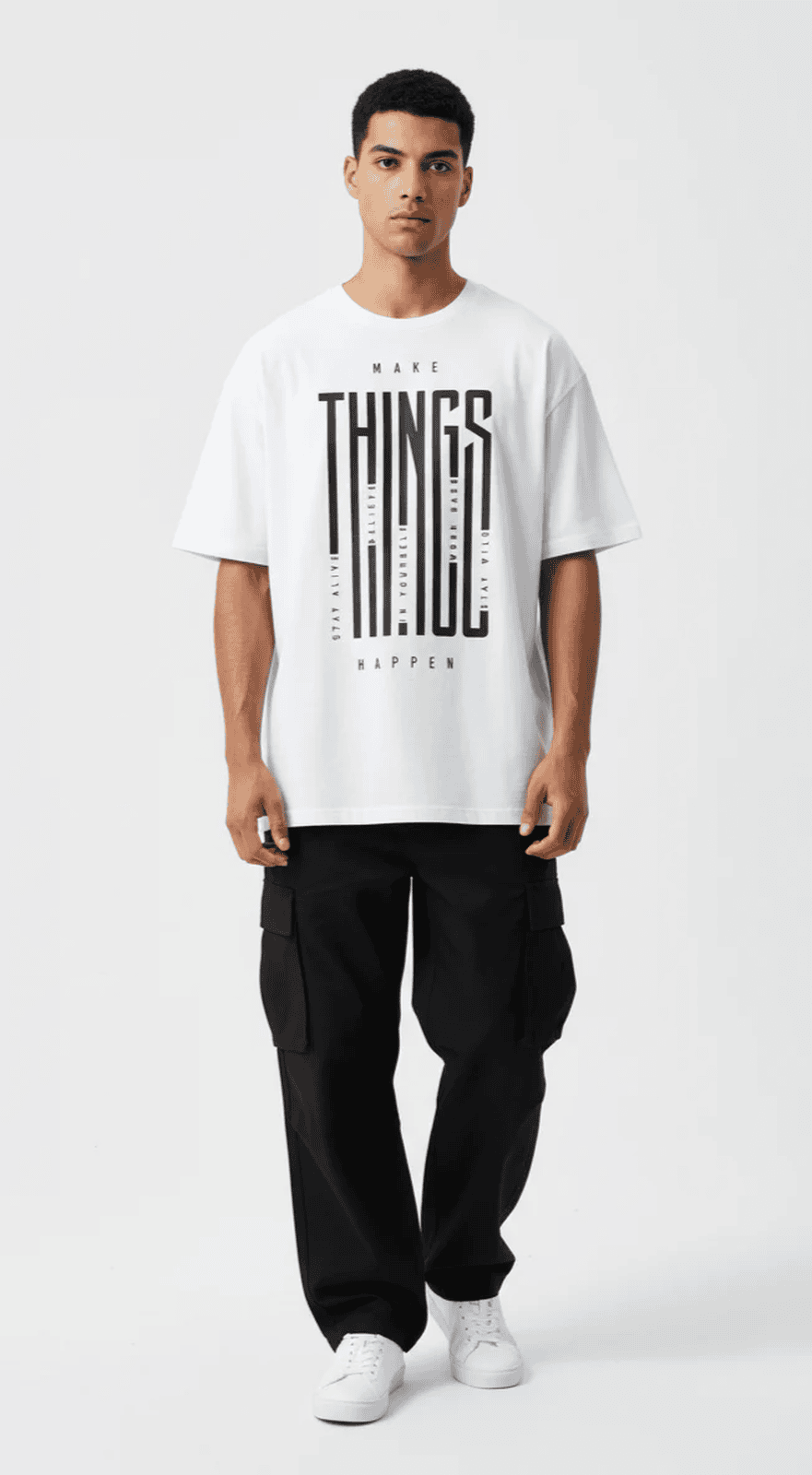 Solid white oversized tshirt printed make things happen