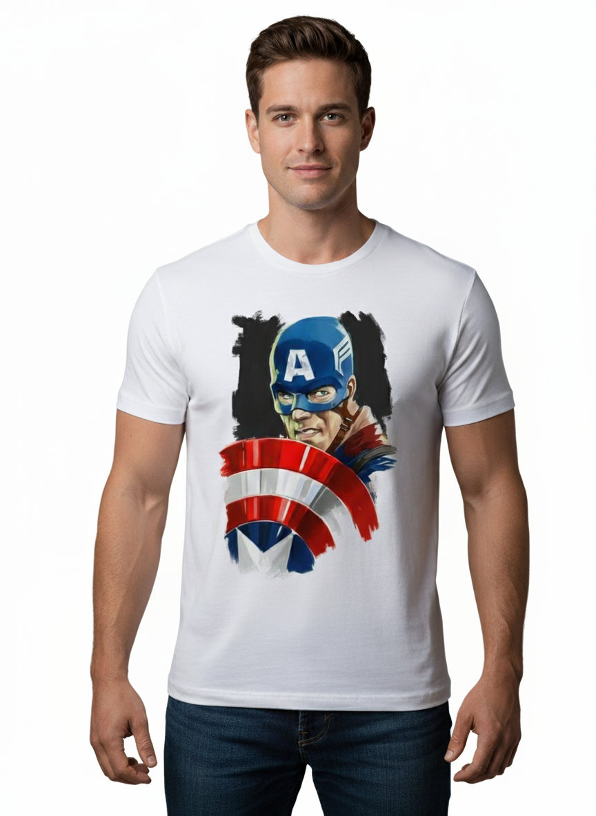 Solid white print t shirt captain america shield