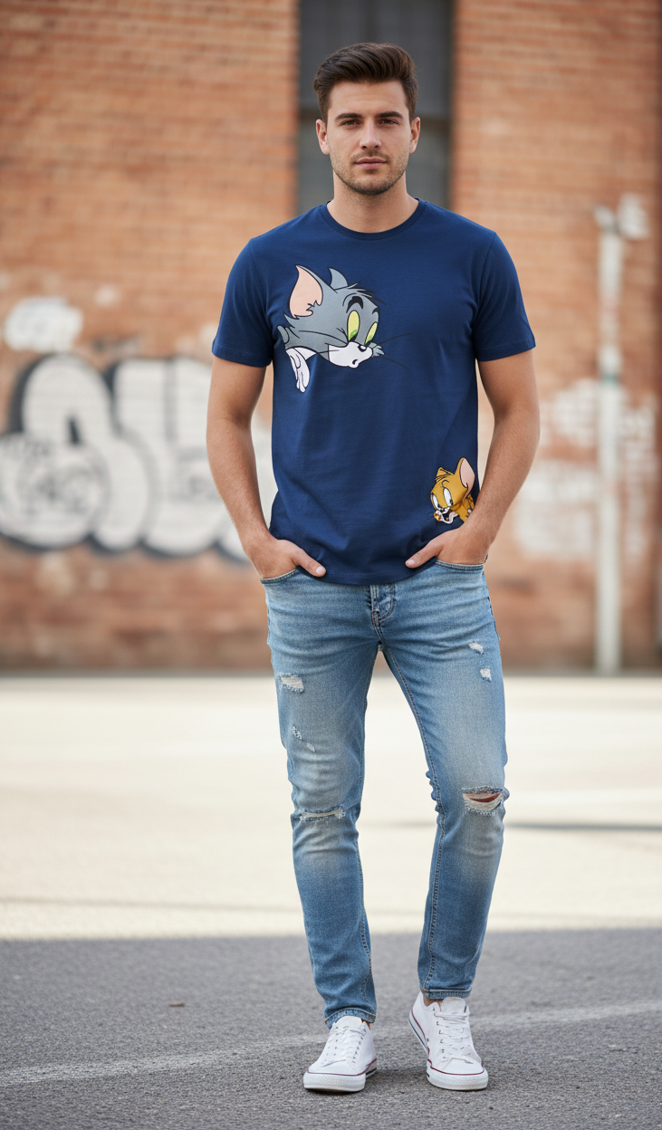 Solid dark blue tshirt printed tom&jerry cartoon