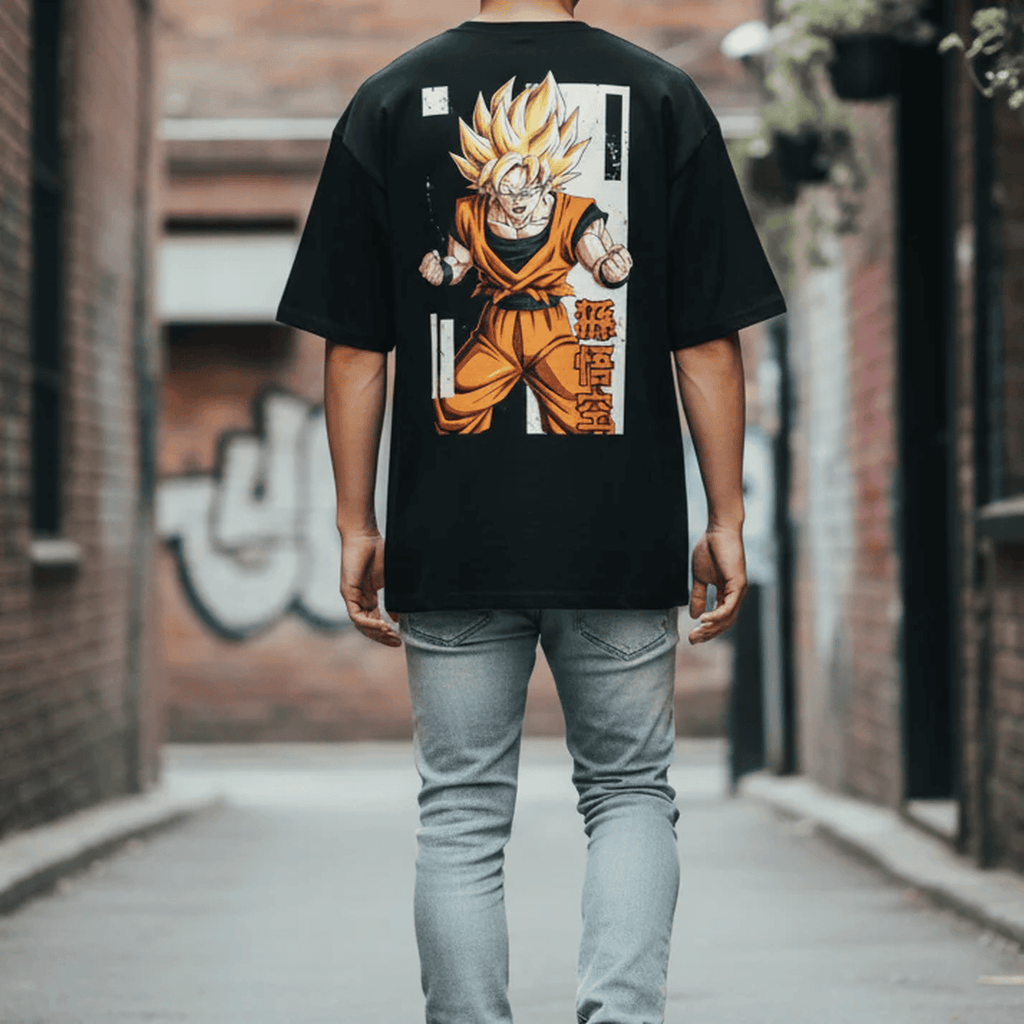 Solid black oversized tshirt printed famous anime character goku