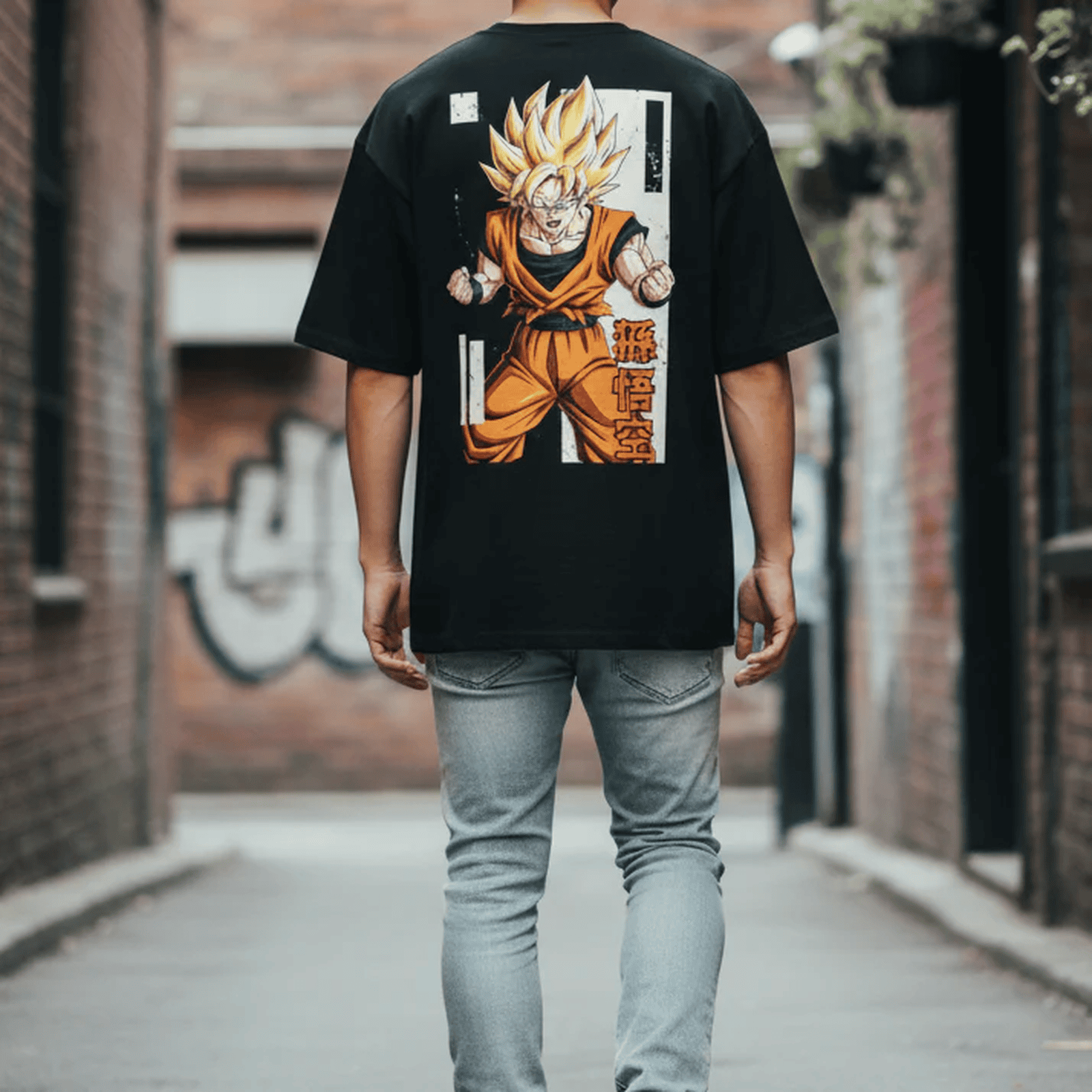 Solid black oversized tshirt printed famous anime character goku
