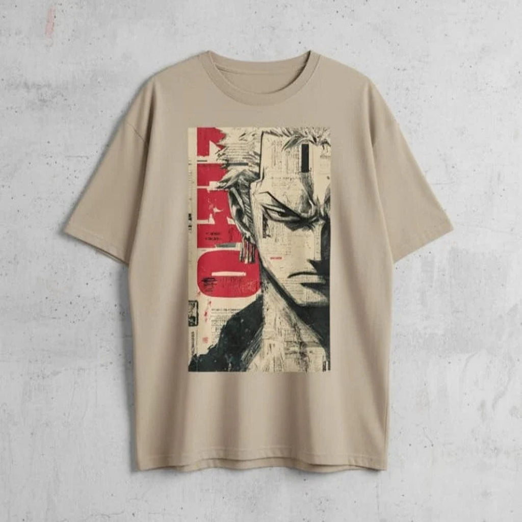 Solid tan/beige colour oversized tshirt printed famous anime character Roronoa zoro