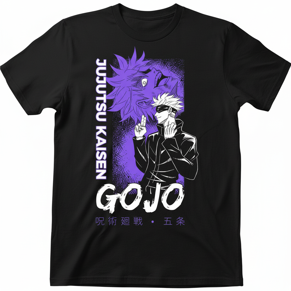 Solid black tshirt printed famous anime character gojo saturo with white hair