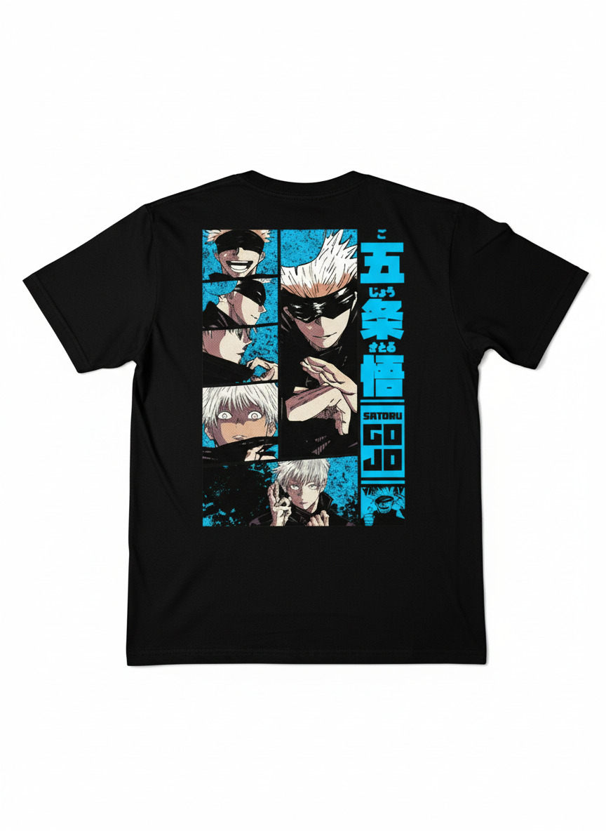 Solid black tshirt printed famous anime character gojo saturo
