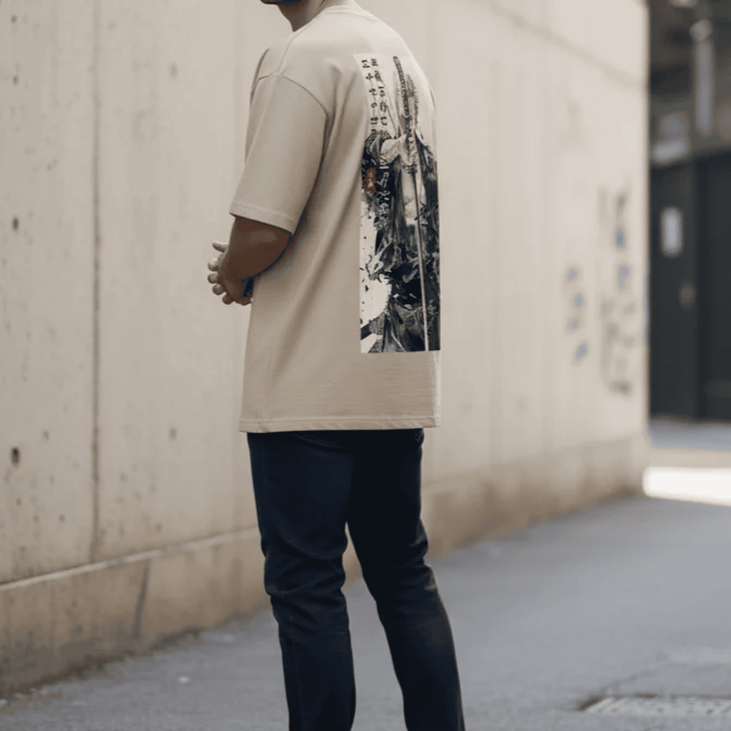 Solid tan/beige colour oversized tshirt printed famous anime character Roronoa zoro