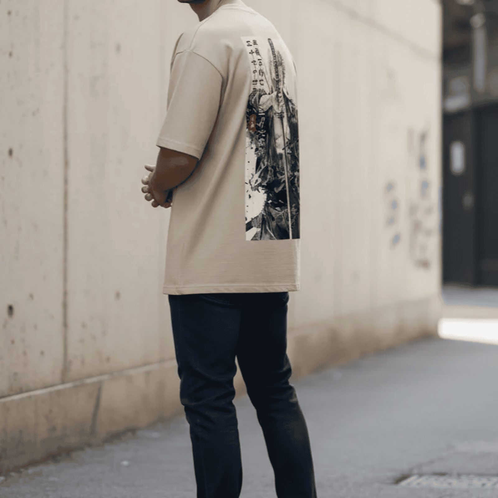 Solid tan/beige colour oversized tshirt printed famous anime character Roronoa zoro