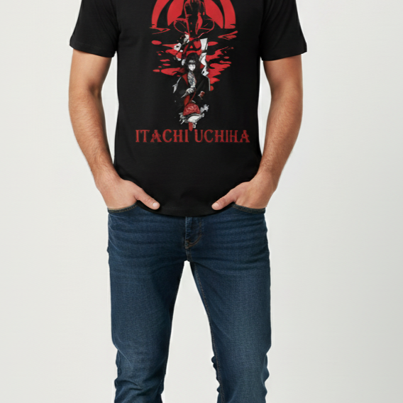 Solid black tshirt printed Itachi Uchiha is depicted in his signature Akatsuki cloak